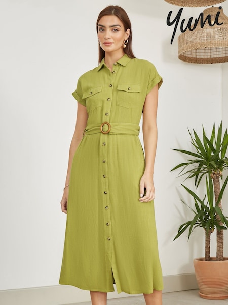 Yumi Green Viscose Look Midi Shirt Dress With Wooden Belt (H22220) | €83