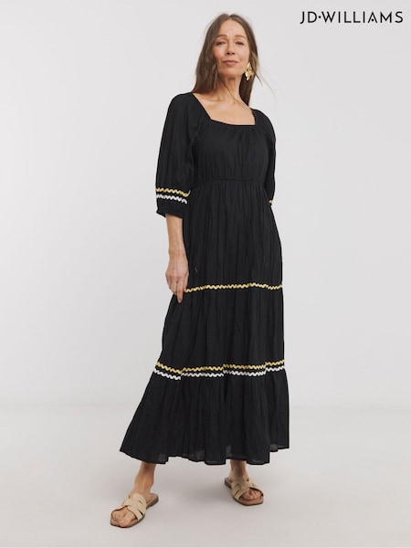 JD Williams Black 100% Cotton Rick Rack Trim Tier Smock Dress (H22230) | €78