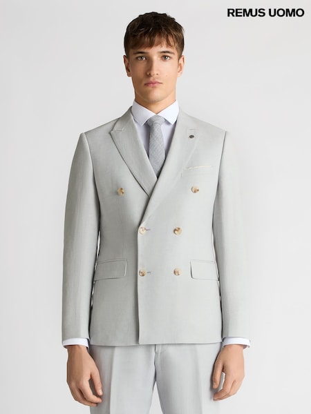 Remus Uomo Grey Double Breasted Slim Fit Double-Breasted Linen-Blend Suit Jacket (H22251) | AED1,101
