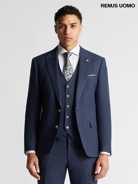 Remus Uomo Navy Blue Tapered Fit Linen-Blend Suit Jacket (H22256) | AED1,042