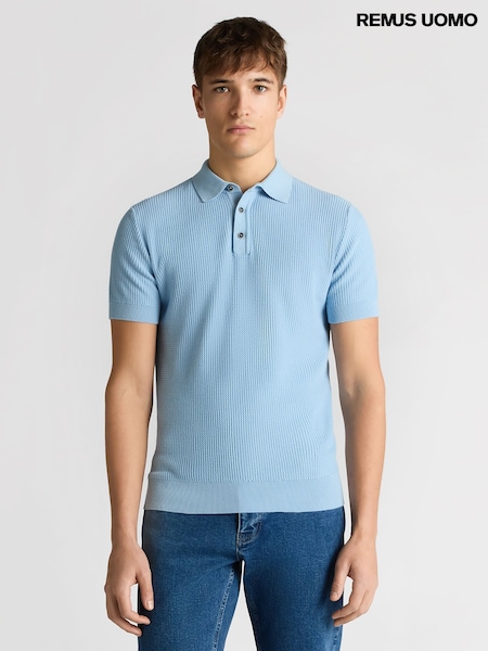 Remus Uomo Blue Slim Fit 100% Cotton Interest Fabric Polo Shirt (H22267) | 371 QAR