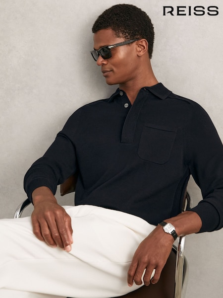Reiss Navy Clinton Cotton Concealed Placket Polo Shirt (H22278) | AZN 276