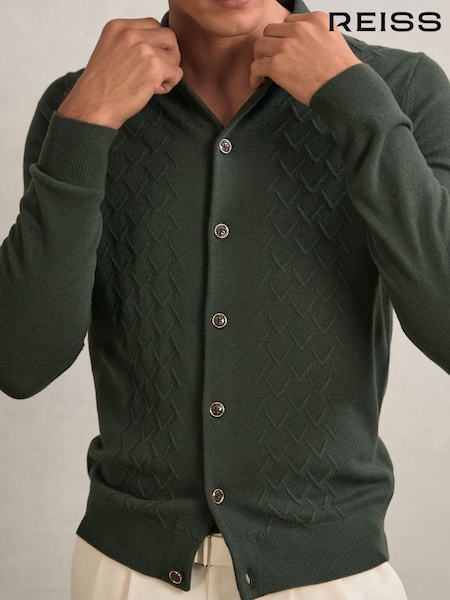Reiss Forest Green Gideon Wool V-Stitch Button-Through Cardigan (H22282) | €185