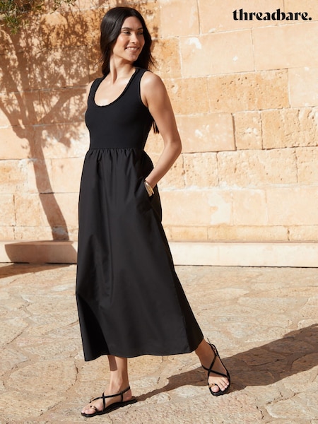 Negru - Threadbare Sleeveless Rib Jersey 2-in-1 Midi Dress with Poplin Skirt (H22290) | 253 LEI