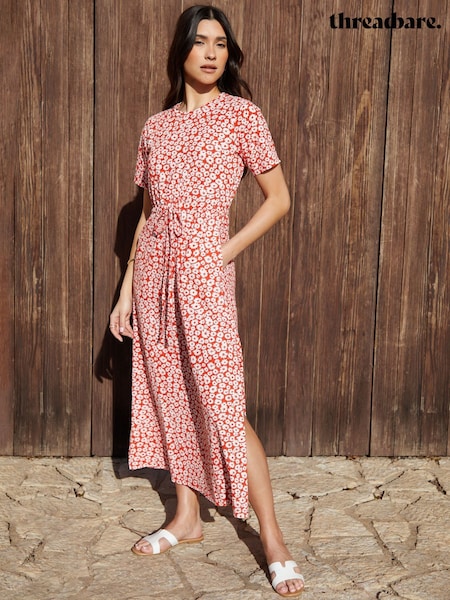 Threadbare Red Ruched Waist Jersey Midi Dress (H22301) | €37