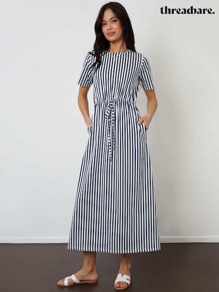 Threadbare Navy Stripe Ruched Waist Jersey Midi Dress (H22304) | kr428