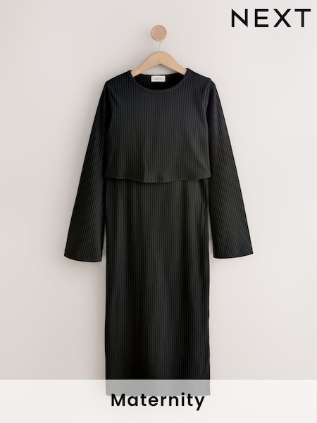 Black Maternity Long Sleeve Nursing Shelf Dress (H22308) | €56