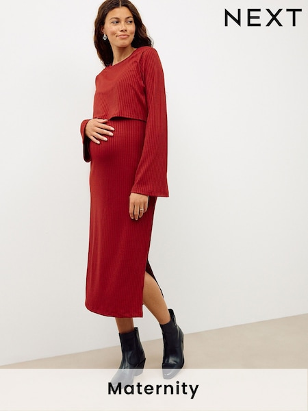 Burgundy Red Maternity Long Sleeve Nursing Shelf Dress (H22309) | €49.50