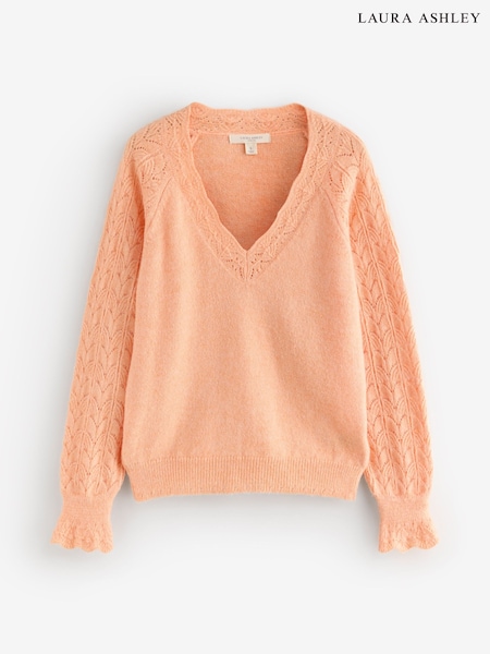 Laura Ashley Peach Pink Pointelle Button Through Scallop Cardigan With A Touch Of Wool (H22353) | €56