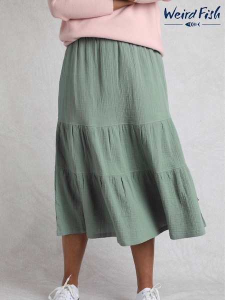Weird Fish Green Lathika Doublecloth Midi Tiered 100% Cotton Skirt (H22373) | ₪201