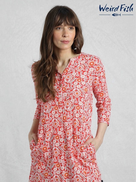 Weird Fish Red Ava Printed Slub 100% Cotton Tunic (H22407) | €53