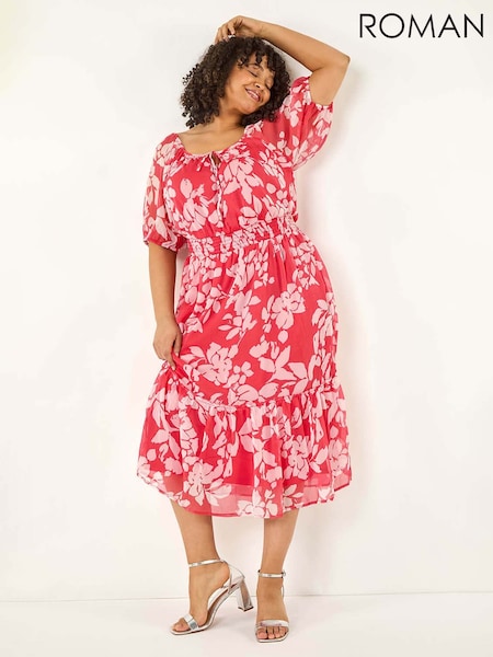 Roman Pink Curve Tropical Print Tie Neck Midi Dress (H22481) | €69