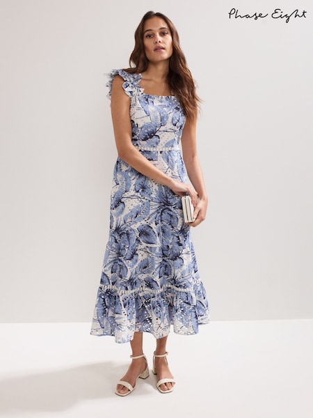 Phase Eight Blue Genieve 100% Cotton Midi Dress (H22484) | €253