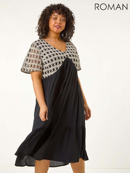 Roman Black Curve Crochet V-Neck Midi Dress (H22492) | €69