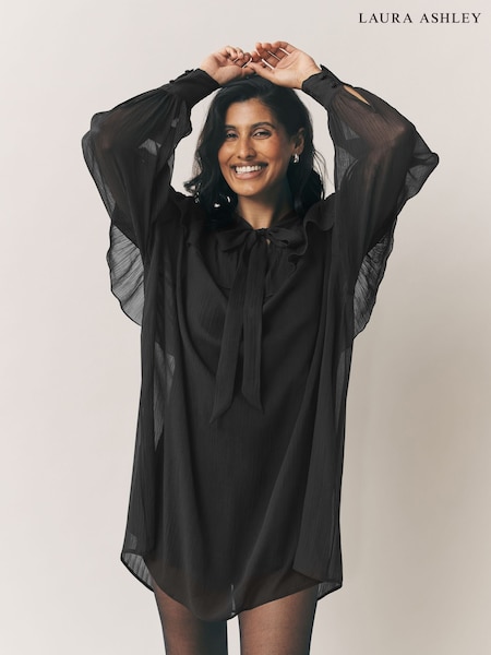 Laura Ashley Brown Bitter Chocolate Mini Ruffle Pussybow Chiffon Dress (H22515) | €69.50