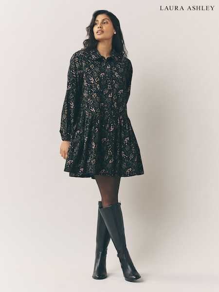 Laura Ashley Chocolate Brown Ditsy Floral Cord Dropped Waist Mini Dress (H22517) | €93