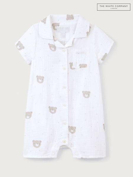 The White Company Crinkle 100% Cotton Bear White Sleepsuit (H22614) | ₪151