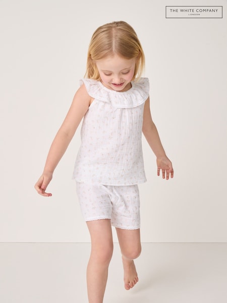 The White Company Relaxed Fit Double 100% Cotton Peach Frill Short White Pyjamas (H22618) | R$ 295 - R$ 315