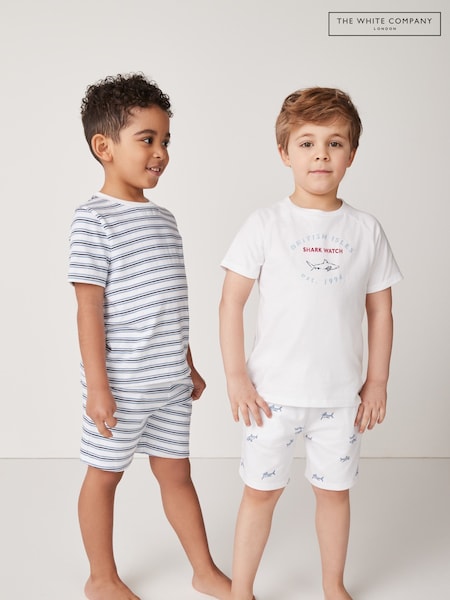 The White Company Relaxed Fit 100% Cotton Shark and Stripe White Pyjamas Set Of 2 (H22628) | 223 LEI - 238 LEI