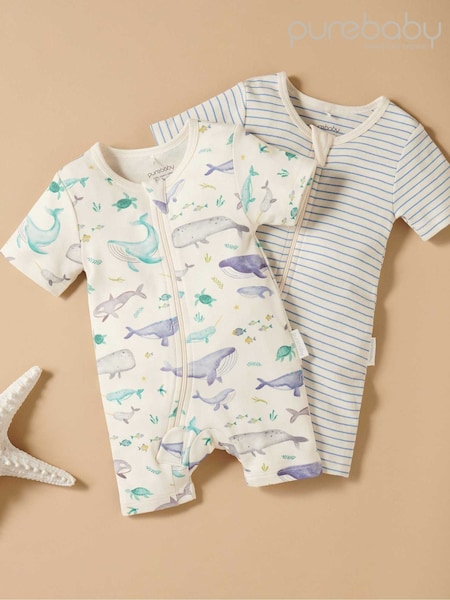 Azul - Purebaby Turtle Print Short Sleeve 100% Cotton Sleepsuits 2 Pack (H22652) | 42 €