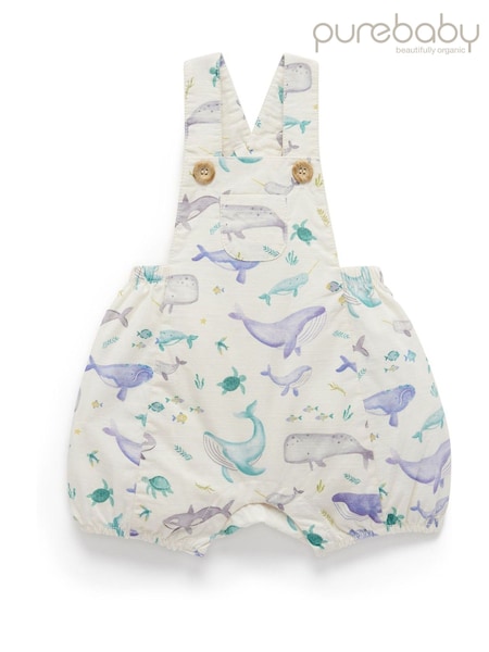 Purebaby Blue Whale Print Short Leg 100% Cotton Dungarees (H22662) | ₪166