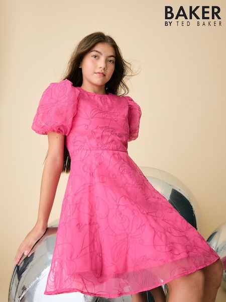 Baker by Ted Baker Pink Organza Cord Puff Sleeve Occasion Dress & Scrunchie Set (H22796) | €66 - €72