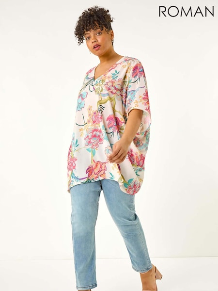 Roman Pink Curve Floral Cocoon Woven Blouse (H22816) | €53