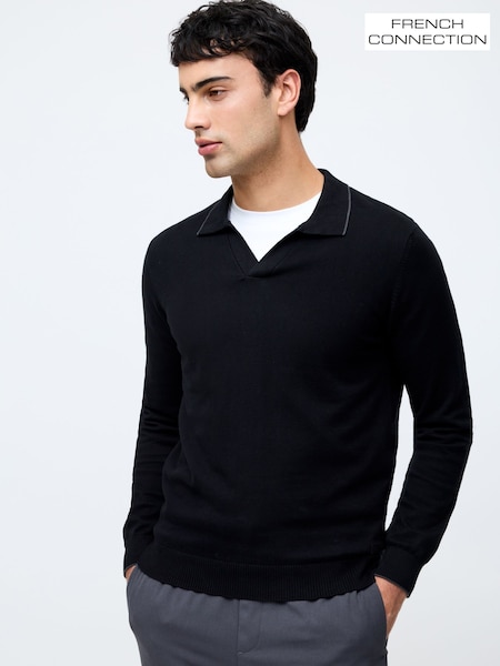 French Connection 100% Cotton Trophy Knit Long Sleeve Open Collar Polo Top (H22837) | 335 LEI