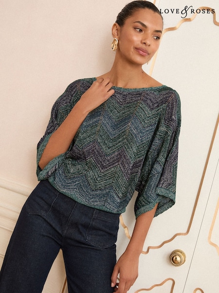 Love & Roses Teal Blue Chevron Wide Neck Lurex Knitted Jumper (H22967) | €57