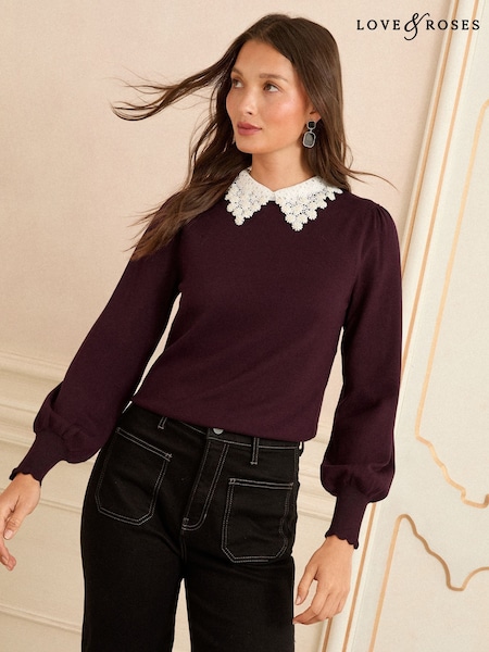 Love & Roses Berry Lace Woven Collar Knit Jumper (H22980) | €53
