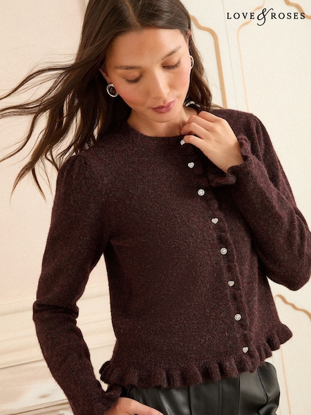 Love & Roses Chocolate Brown Frill Button Cardigan (H22986) | €50
