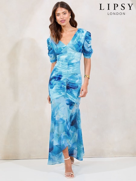 Lipsy Blue Petite Floral Printed Ruched Short Sleeve Fit And Flare Dress (H23005) | €99