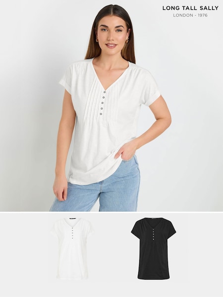 Negru - Long Tall Sally 100% Cotton Short Sleeve Pintuck Henley Tops 2 Pack (H23012) | 253 LEI