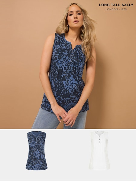 Long Tall Sally Aqua Blue 100% Cotton Sleeveless Henley T-Shirts 2 Pack (H23017) | AZN 83