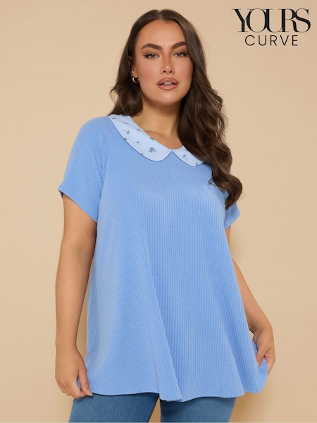 Yours Curve Blue Collar Ribbed Swing Top (H23042) | R$ 235