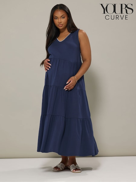 Yours Curve Blue Maternity V-Neck Tiered Dress (H23071) | €53