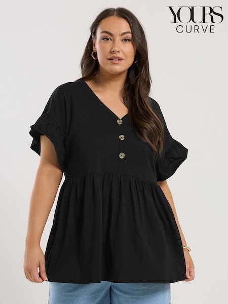 Yours Curve Black Frill Sleeve Button Peplum 100% Cotton Top (H23083) | €31