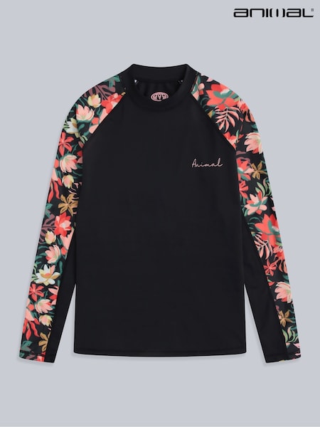Animal Black Womens Lillie Printed Panel Quick Drying Rash Vest (H23220) | ₪226
