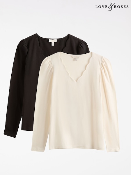 Preto e branco - Love & Roses Scallop V-Neck Long Sleeve Jersey Pack (H23338) | R$ 315
