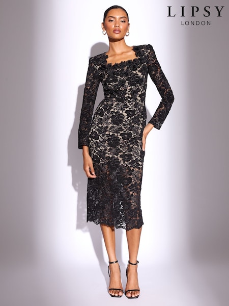 Lipsy Black Petite Premium 3D Floral Print Lace Long Sleeve Bodycon Midi Dress (H23348) | €219