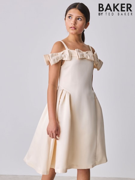 Baker by Ted Baker Champagne Gold Satin Bow Bardot Occasion Dress (H23369) | 78 € - 85 €