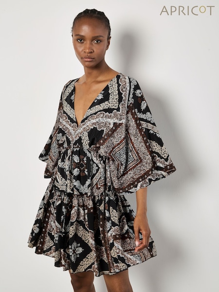 Apricot Black Distressed Tassel Kaftan Dress (H23374) | €51