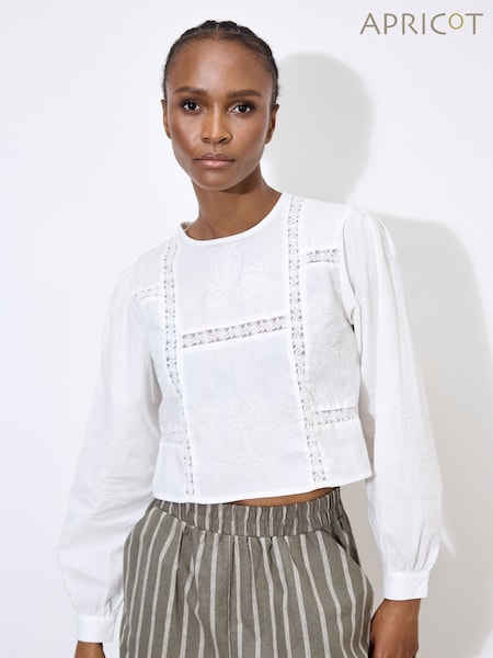 Apricot White Lace Panel and Embroidered 100% Cotton Top (H23376) | €51