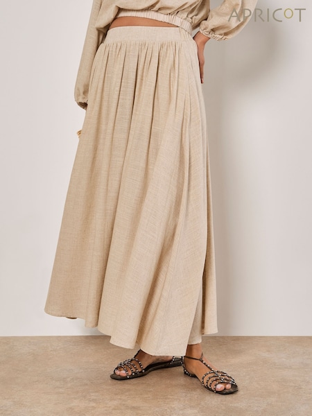 Apricot Natural Linen Pleated Full Midi Skirt (H23383) | €51
