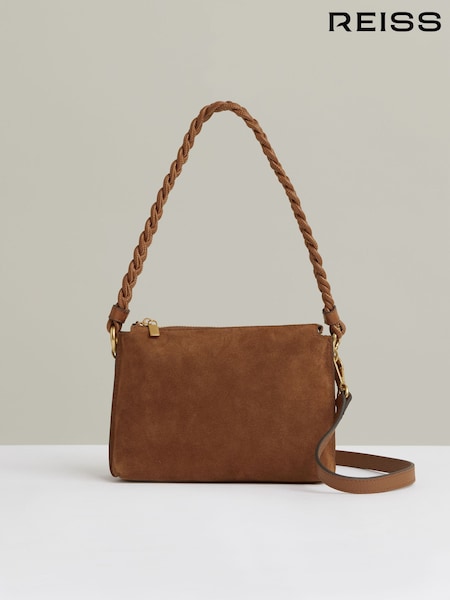 Reiss Tan Paige Suede Plaited-Strap Cross-Body Bag (H23639) | €225