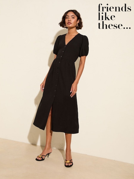 Friends Like These Black Textured Jersey Puff Sleeve V-Neck Button Midi Dress (H23659) | €53