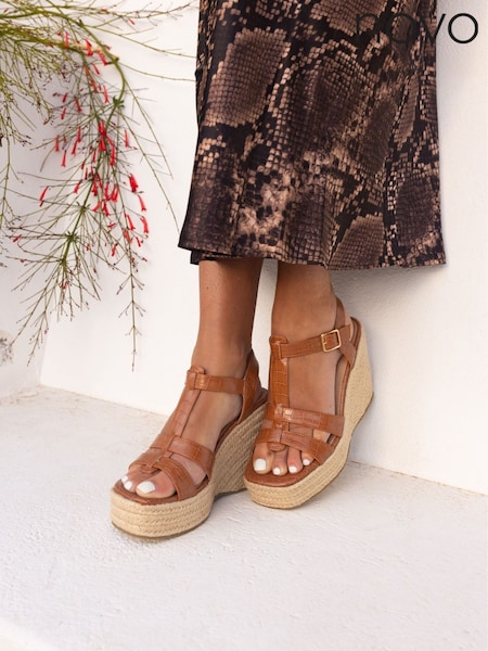 Novo Brown Wide Fit BEATRIX Tbar Wedge Espadrille Sandals (H23808) | ₪191
