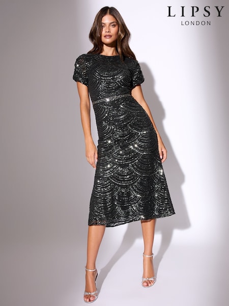 Lipsy Black Sleeve Fit Premium Sequin Embellished Short And Flare Midi Dress (H23889) | AED873