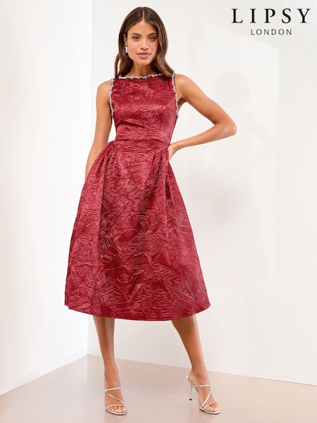أحمر - Lipsy Premium Textured Diamonte Embellished Skater Midi Dress (H23892) | ‏767 ر.ق.