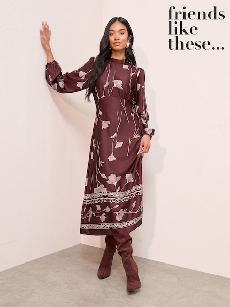 Friends Like These Purple Floral Satin Long Puff Sleeve High Neck Midi Dress (H23908) | €72